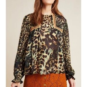 Blank London Miranda Peasant Blouse Women Small Green Black Leopard Print Boho